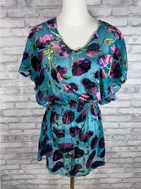 Betsey Johnson Teal Floral Slip Dress with Pink Accents